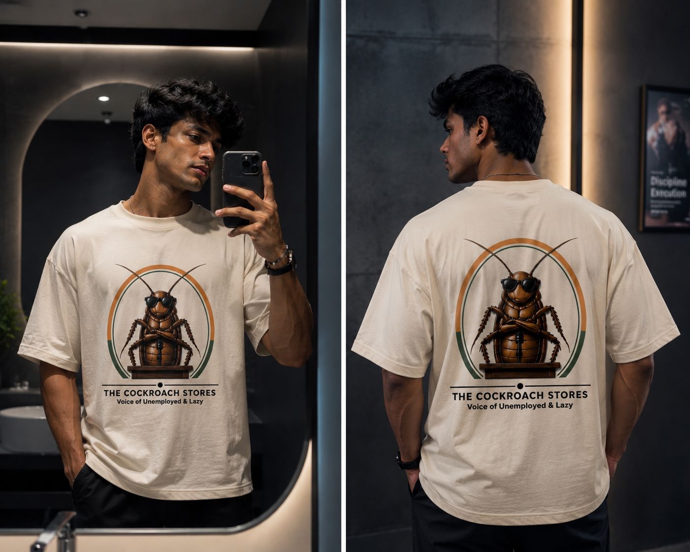 Person wearing a t-shirt with a cockroach graphic and text, shown from front and back.